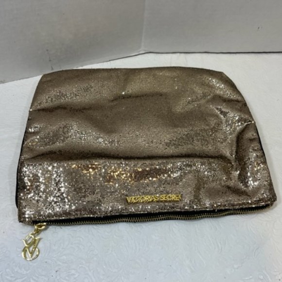 Victoria's Secret Gold Sequin Zip Purse Clutch/Make Up Cosmetic Bag w/Mirror - Picture 3 of 6